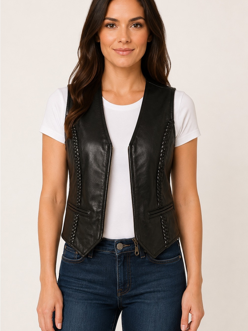Black Leather Women's Vest - Braided Trim